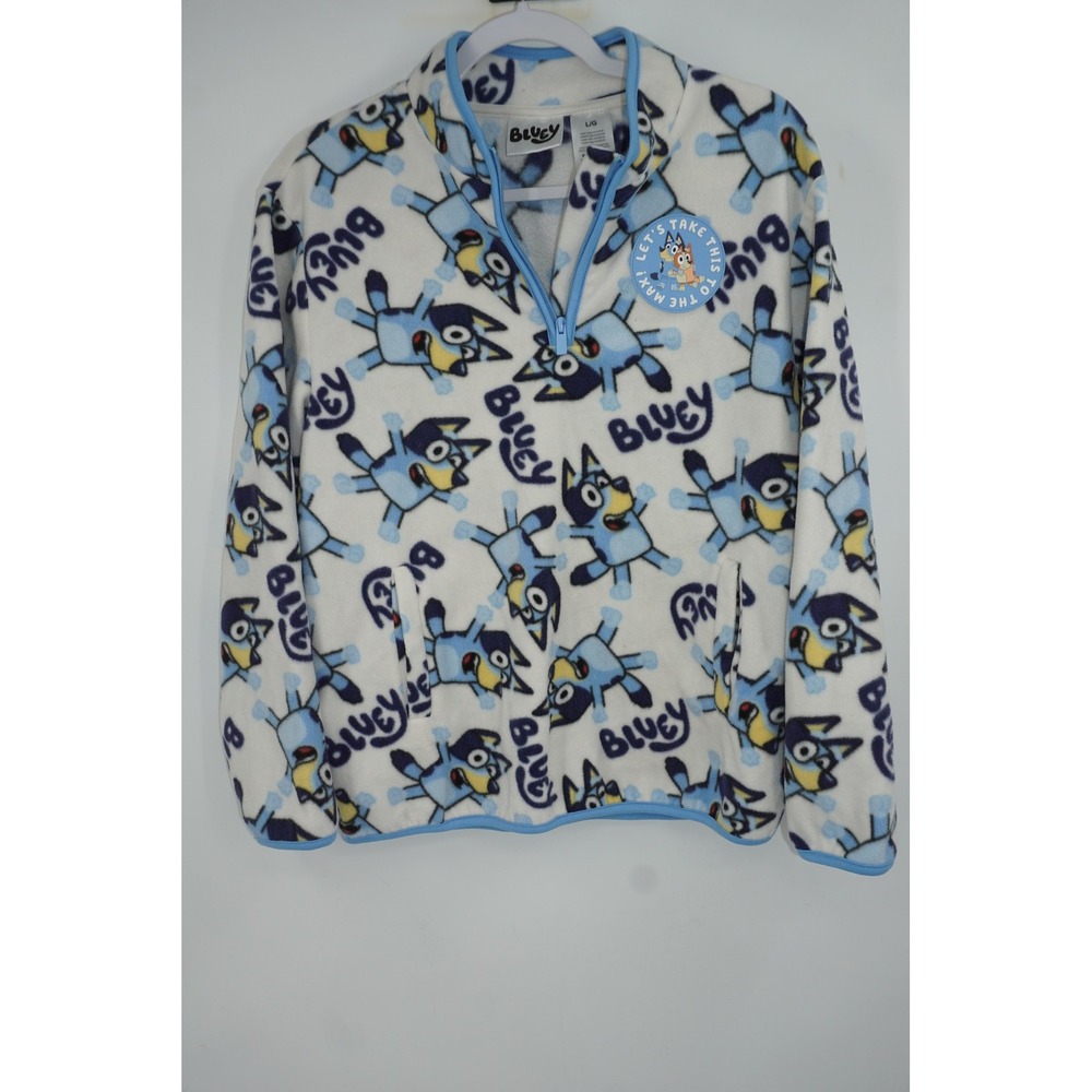 Bluey Polar Fleece Youth Large‎ White Blue Quarter Zip Pullover Allover Print